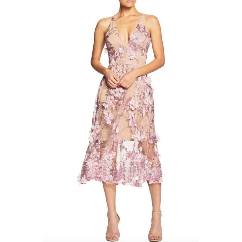 DRESS THE POPULATION Audrey 3D Floral Applique Sleeveless Midi Dress